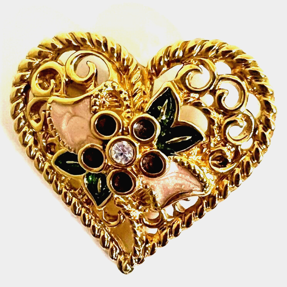 Heart Brooch Enameled Gold Tone with Rhinestone Center Engraved I Love You